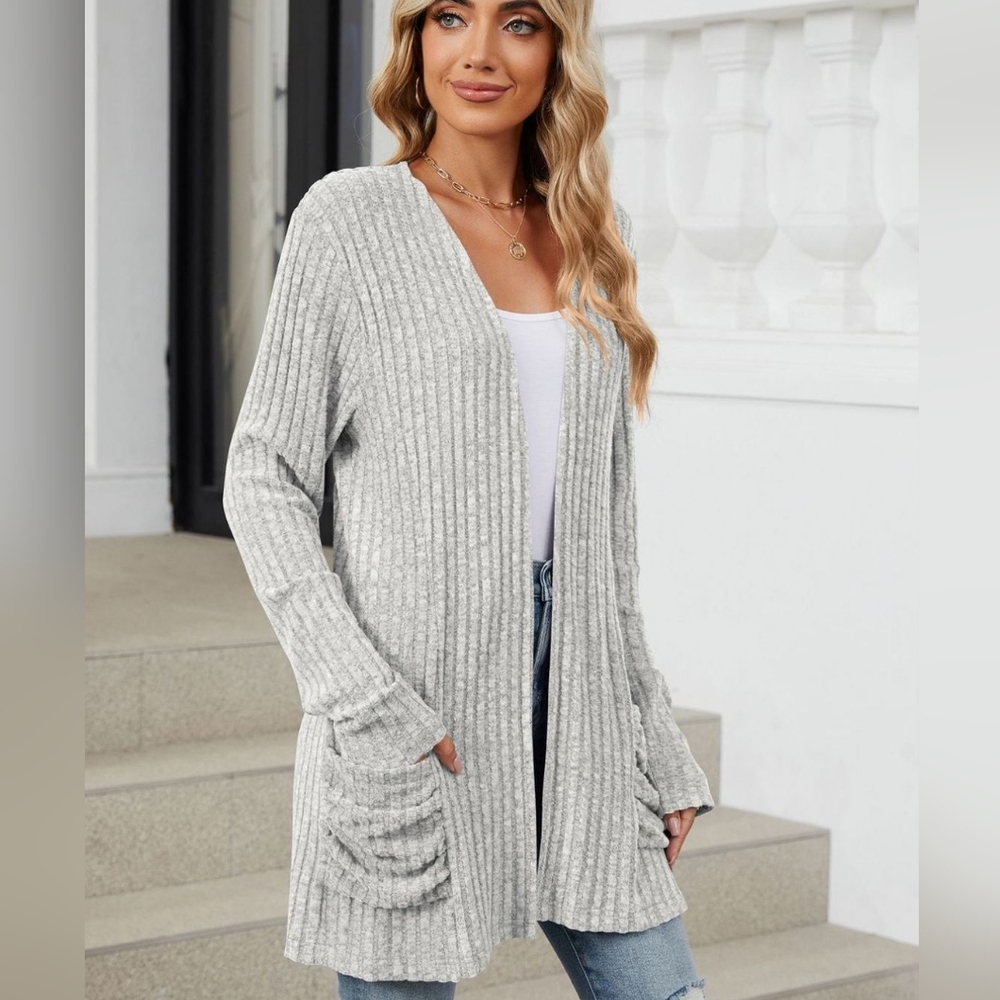 Gray Ribbed Open Front Cardigan - Picture 2 of 10